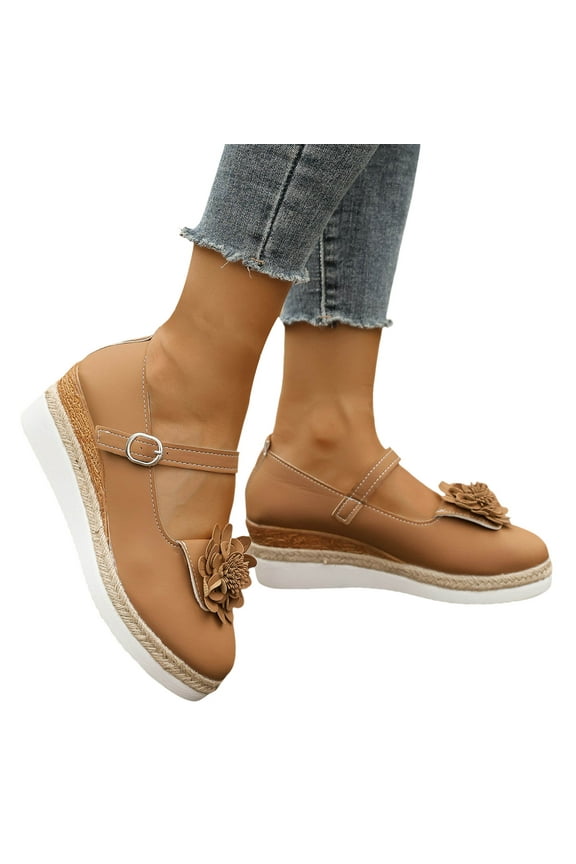 Womens Platform Wedge Mary Jane Dress Shoes Vintage Flower Leather Espadrilles Chunky Heeled Dressy Loafers