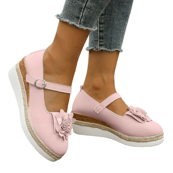 Womens Platform Wedge Mary Jane Dress Shoes Vintage Flower Leather Espadrilles Chunky Heeled Dressy Loafers