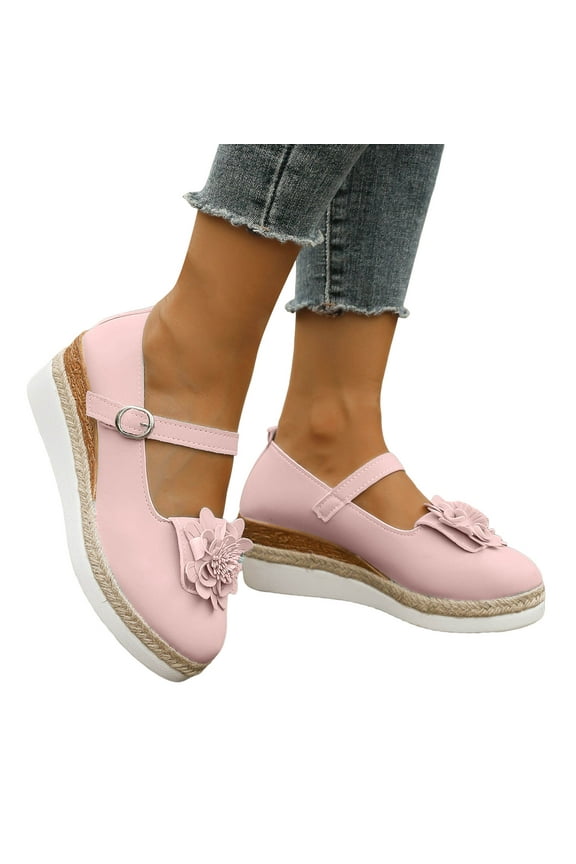 Womens Platform Wedge Mary Jane Dress Shoes Vintage Flower Leather Espadrilles Chunky Heeled Dressy Loafers
