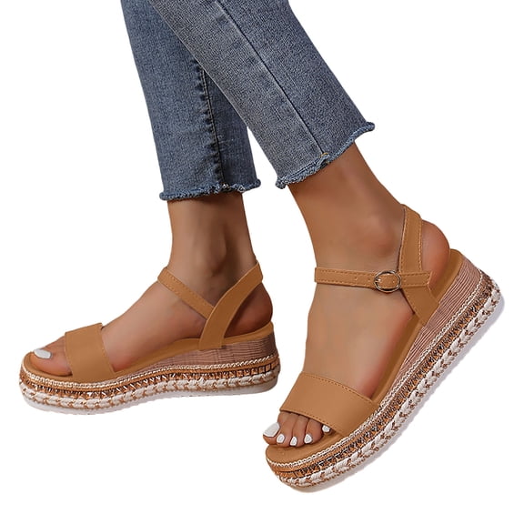 Womens Platform Wedge Sandals Beach Casual Studded Chunky Footbed Open Toe Ankle Strap Dressy Summer Shoes
