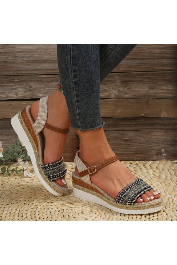Womens Platform Wedge Sandals Buckle Ankle Strap Espadrilles Woven Hemp Rope Walking Shoes Orthopedic Summer Party Wedding Dressy Casual Outdoor,Black 39(US-7)