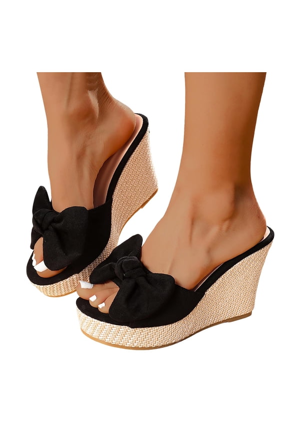 Womens Platform Wedge Sandals Espadrilles Raffia Heeled Suede Bow Slides Lightweight Open Toe Beach Vacation Shoes Black Size 9