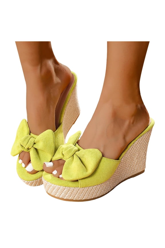 Womens Platform Wedge Sandals Espadrilles Raffia Heeled Suede Bow Slides Lightweight Open Toe Beach Vacation Shoes Light Green Size 8