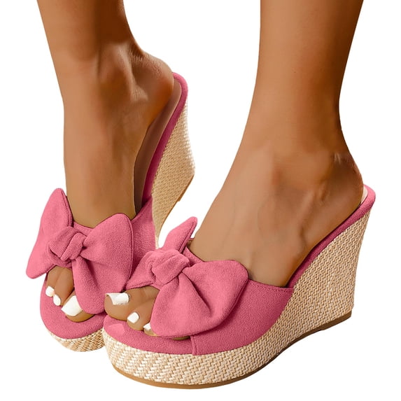 HEWUQI Women's Platform Wedge Sandals Open Toe Suede Bowknot Heels Non Slip Wedding Slides Mules for Summer Casual Vacation Pink Size 6.5