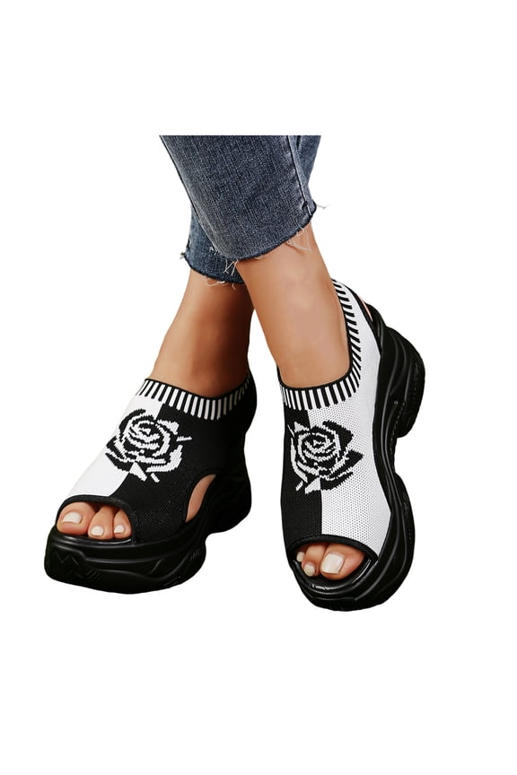 Womens Platform Wedge Sandals Floral Print Knit Mesh Open Toe Athletic Walking Shoes Casual Slip on Summer Sneakers Beige Size 7.5