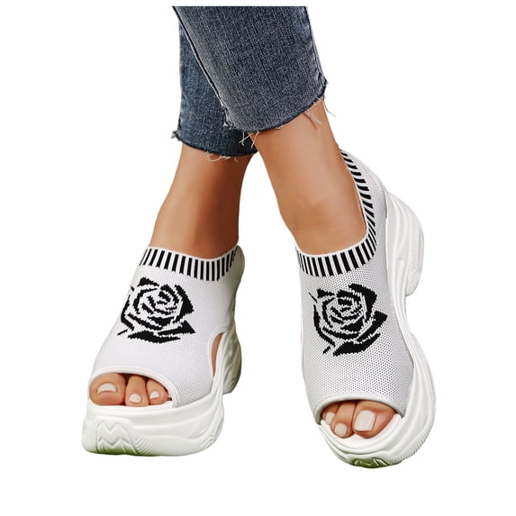Womens Platform Wedge Sandals Floral Print Knit Mesh Open Toe Athletic Walking Shoes Casual Slip on Summer Sneakers White Size 8.5