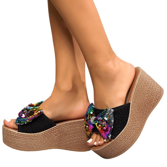 Womens Platform Wedge Sandals Glitter Sequin Bow Slip on Summer Slides Comfy Arch Support Footbed Heels Party Prom Dress Shoes Black Size 7