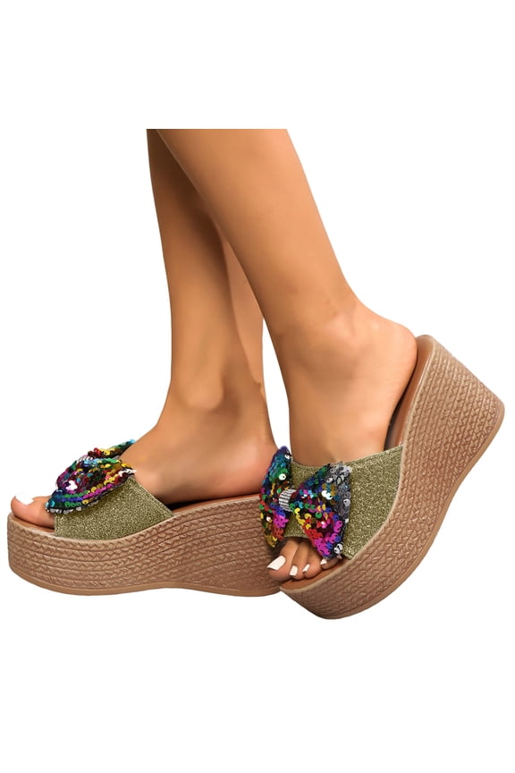 Womens Platform Wedge Sandals Glitter Sequin Bow Slip on Summer Slides Comfy Arch Support Footbed Heels Party Prom Dress Shoes Gold Size 8.5