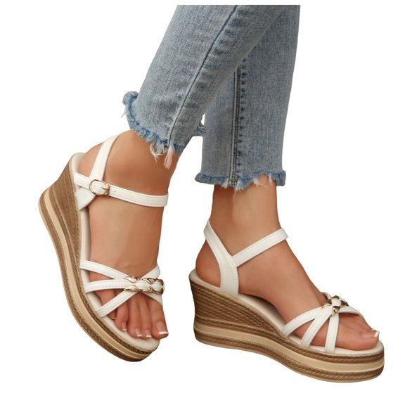 Womens Platform Wedge Sandals Leather Strappy Walking Dress Shoes Slingback Ankle Strap Beach Sandal Ladies Summer Outdoor Slides White 7