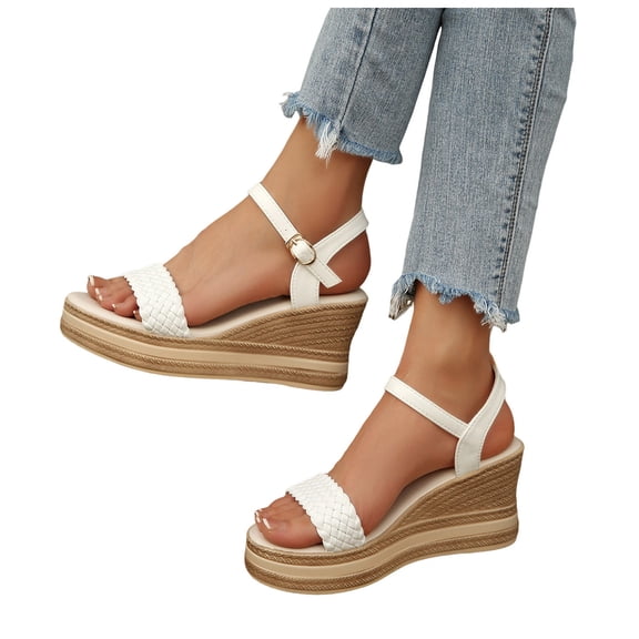 Womens Platform Wedge Sandals Leather Strappy Walking Dress Shoes Slingback Ankle Strap Beach Sandal Ladies Summer Outdoor Slides White 7