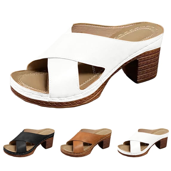 Womens Platform Wedge Sandals Open Toe Leather Slip on Slides Chunky Block High Heels Dressy Summer Casual Mules Shoes White Size 6.5