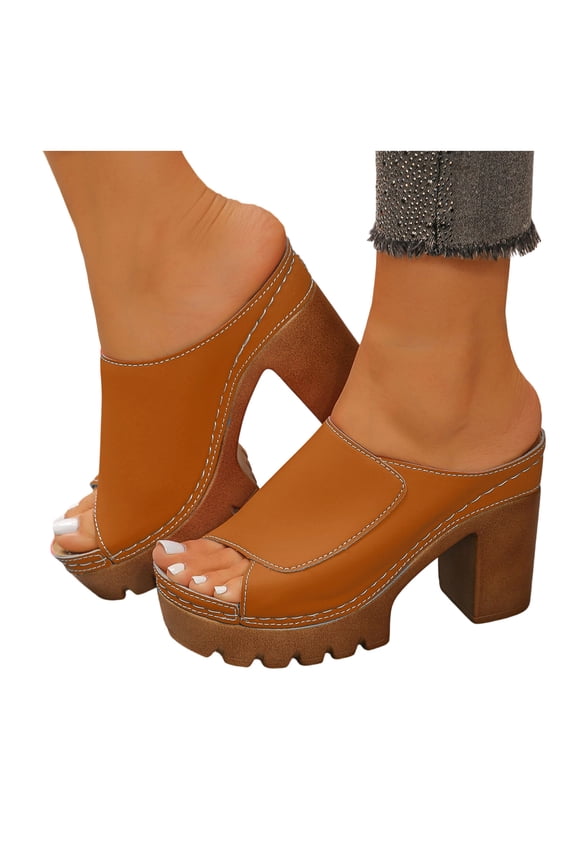 Womens Platform Wedge Sandals Open Toe Leather Slip on Slides Chunky High Heels Dressy Casual Mules Comfortable Shoes Brown Size 6.5