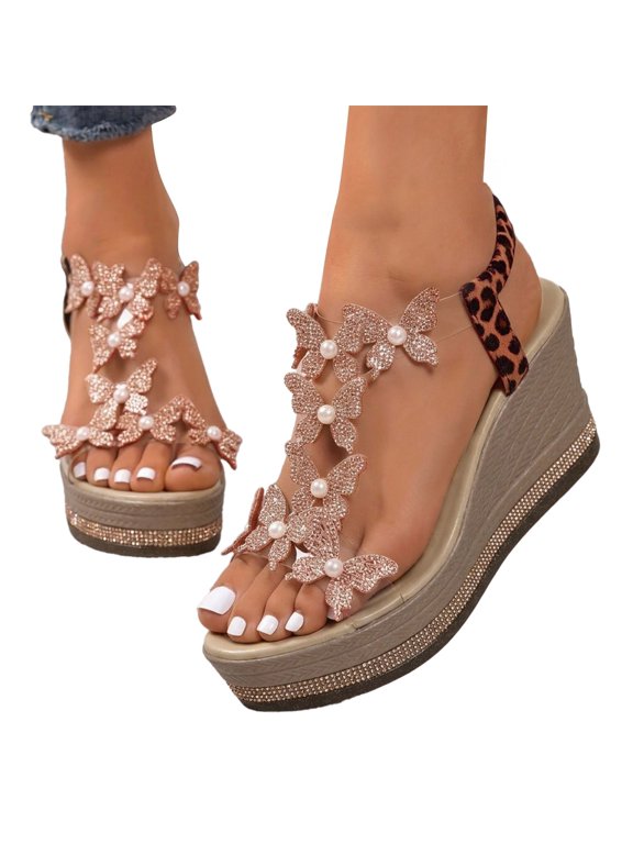 Womens Platform Wedge Sandals Rhinestone Flower Clear Strap Shoes Ladies Summer Dressy Wedding Sandal Non Slip High Top Shoe Brown 6