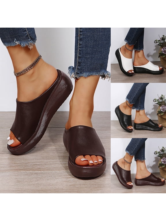 Womens Platform Wedge Sandals Slip On Summer Mules Holiday Anti Skid, Women's Simple Comfy Open Toe Orthopedic Leather Wedges High Heel Indoor Outdoor Platform Slippers Slides Shoes,39