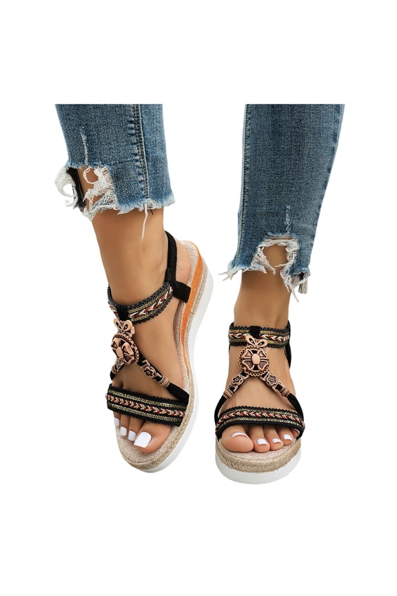 Womens Platform Wedge Sandals Wide Width Elastic Sling Back Walking Shoes Bohemian Beaded Non Slip Casual Beach Sandals Black Size 7