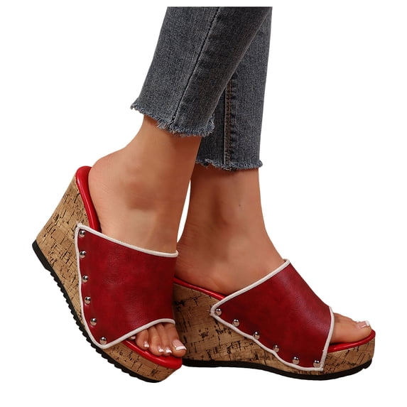 Womens Platform Wedge Slide Sandals Slip on Retro Studded Peep Toe High Heels Summer Dressy Backless Pumps Red Size 9
