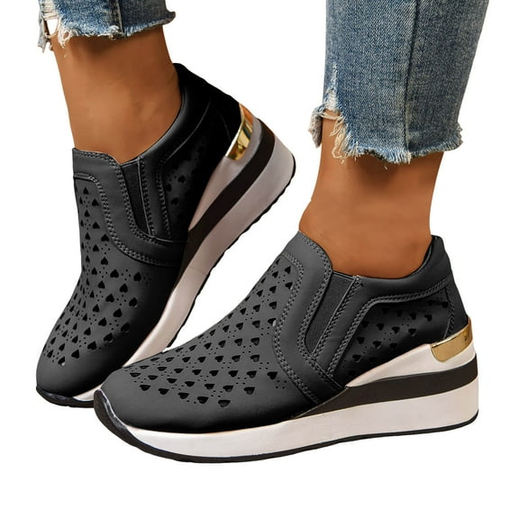 Womens Platform Wedge Slip on Walking Shoes Breathable Heart Hollow out Leather Fall Casual Loafers Sneakers