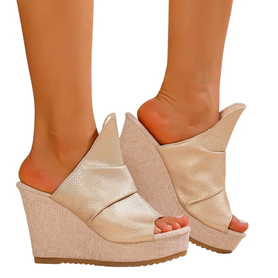 Womens Platform Wedges Open Toe Casual Soft Leather High Heels Sandals Comfy Arch Support Slip on Slides Beige Size 5.5
