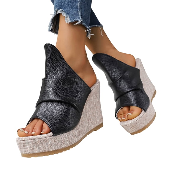 Womens Platform Wedges Open Toe Casual Soft Leather High Heels Sandals Comfy Arch Support Slip on Slides Black Size 6.5