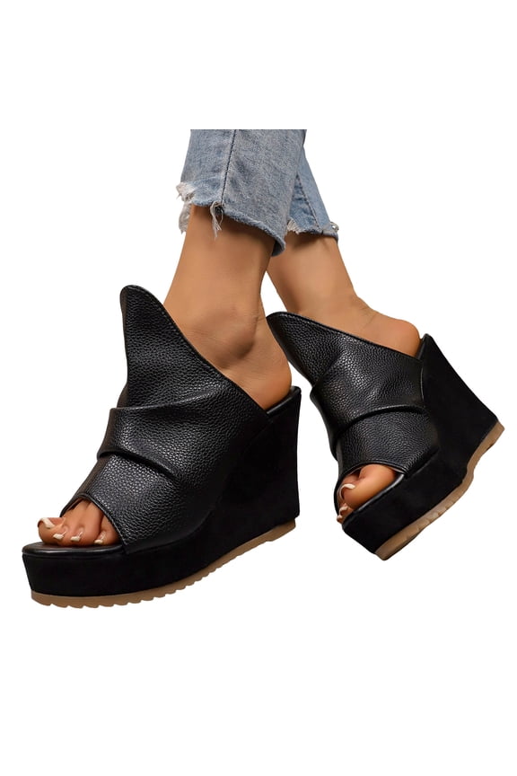 Womens Platform Wedges Open Toe Casual Soft Leather High Heels Sandals Comfy Arch Support Slip on Slides Black Size 8