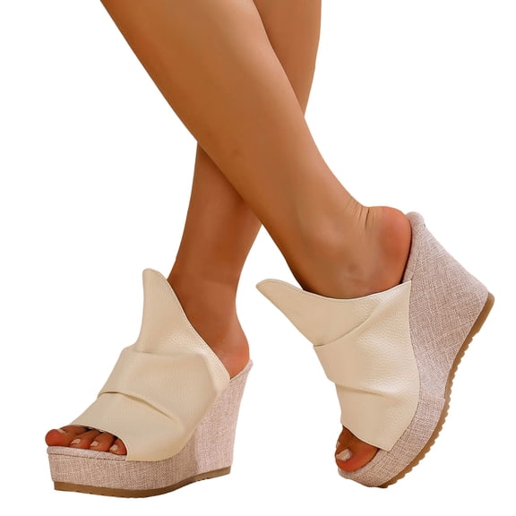 Womens Platform Wedges Open Toe Casual Soft Leather High Heels Sandals Comfy Arch Support Slip on Slides White Size 8