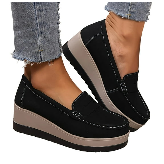 Womens Platform Wedges Slip on Penny Loafers Walking Shoes Fall Suede Thick Sole Casual Non Skid Work Shoes