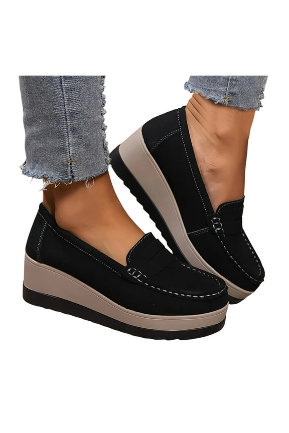 Womens Platform Wedges Slip on Penny Loafers Walking Shoes Fall Suede Thick Sole Casual Non Skid Work Shoes