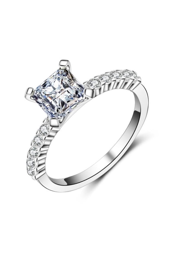 Womens Platinum Plated Square Diamond Princess Cut Four Claw Ring Wedding Engagement Anniversary Gift For Hers