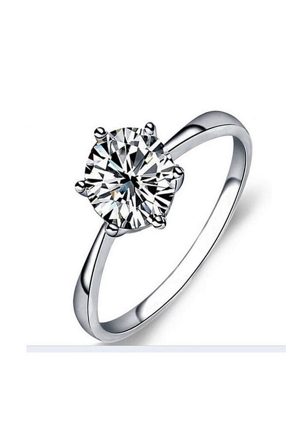 Womens Platinum Zircon Ring Six-Claw Setting Classic Silver Ring Electroplated Korean Ring Jewelry Gift for Her Fashion Ring Anniversary Ring Present