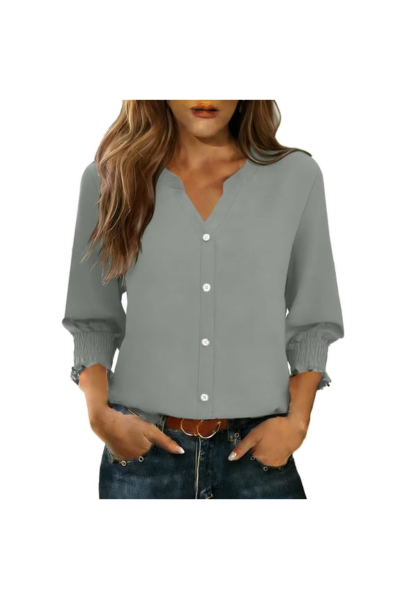 Womens Pleated Chiffon Blouses 3/4 Sleeves Button Down Shirts Business Casual Tops Work Office Tshirt Solid Color Top Dressy Casual Blouses Trendy Spring Fashion 2026