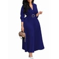 thumbnail image 1 of Womens Pleated Dress V Neck Long Sleeve A Line Church Formal Works Business Dresses with Belt Dark Blue M, 1 of 9