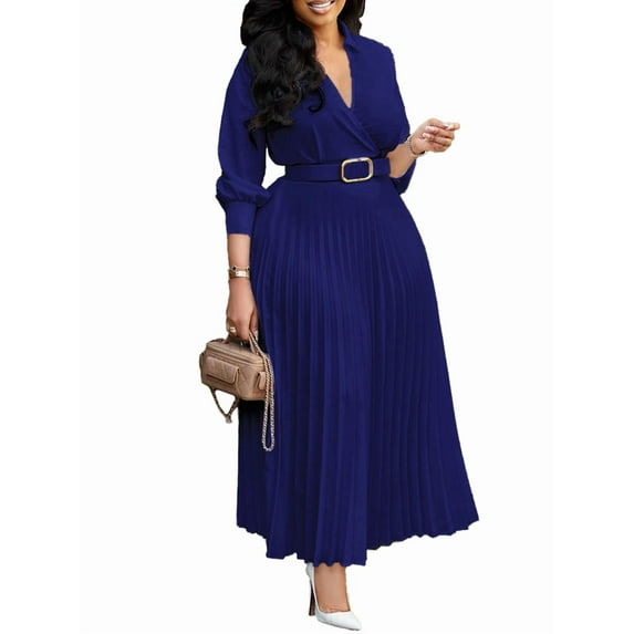 Womens Pleated Dress V Neck Long Sleeve A Line Church Formal Works Business Dresses with Belt Dark Blue XXXL