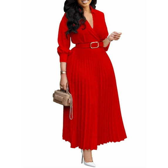 Womens Pleated Dress V Neck Long Sleeve A Line Church Formal Works Business Dresses with Belt Red XL