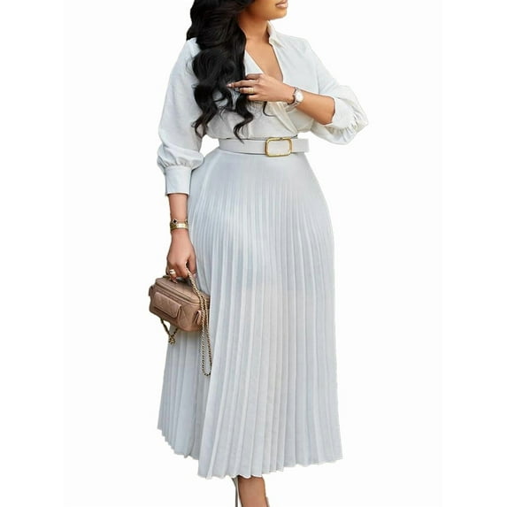 Womens Pleated Dress V Neck Long Sleeve A Line Church Formal Works Business Dresses with Belt White XXL