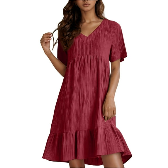 Petite Dresses for Curvy Women Casual Ruffle Tiered Layered V Neck Short Sleeve Swing Short Dresses Cotton Linen Knee Length Party Shirt Dresses Wine XL