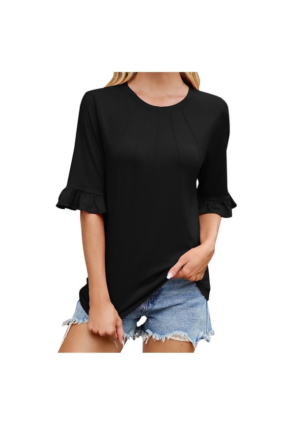 Womens Pleated Dressy Blouses, Flare Short Sleeve Shirts for Women Summer Casual Solid Color Ruffle Crewneck T-Shirts