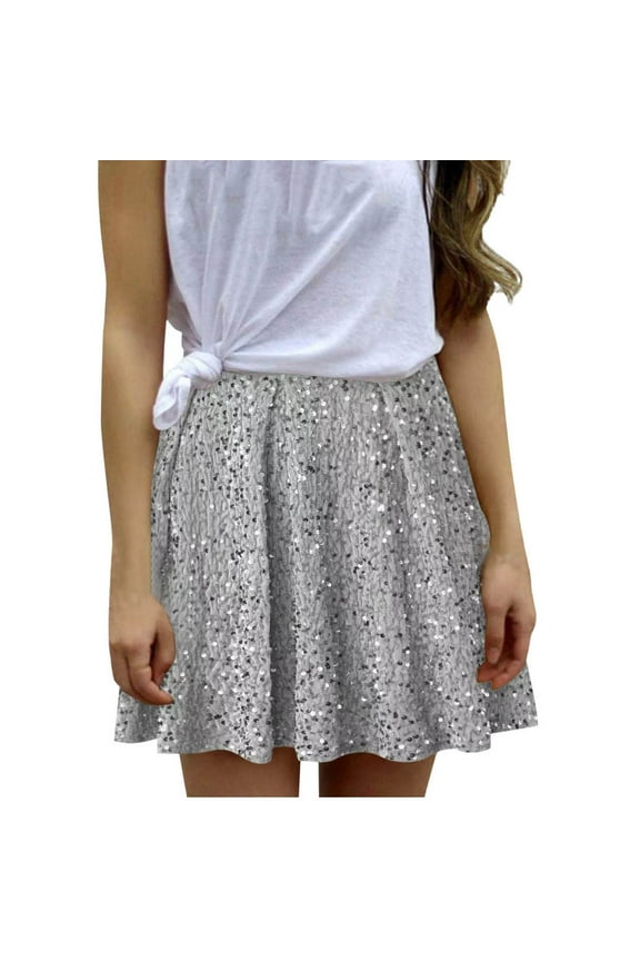 Womens Pleated Flared Skater Skirt High Waist Metallic Glitter Ruffle Flowy Mini Skirts Silver L