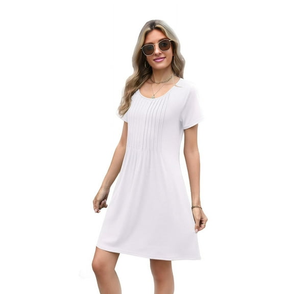 Womens Pleated Front Summer Dresses Casual Short Sleeve T Shirts Dress with Pockets Vacation Beach Cover Up White XL