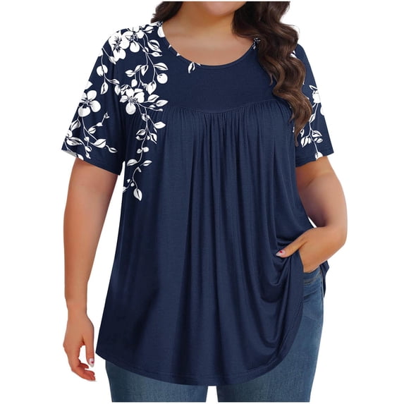 Womens Pleated Graphic Tees Plus Size Clothes Crew Neck Floral Tshirts Casual Trendy Summer Tops Navy, 3XL