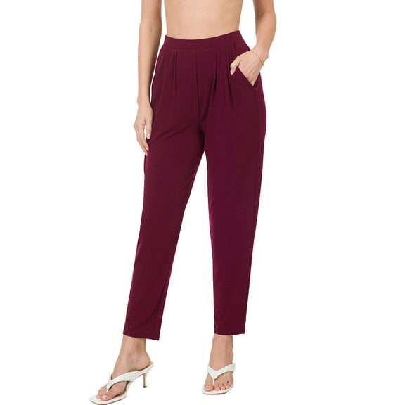Womens Pleated High Rise Elastic Waist Dress Pants w/ Pockets