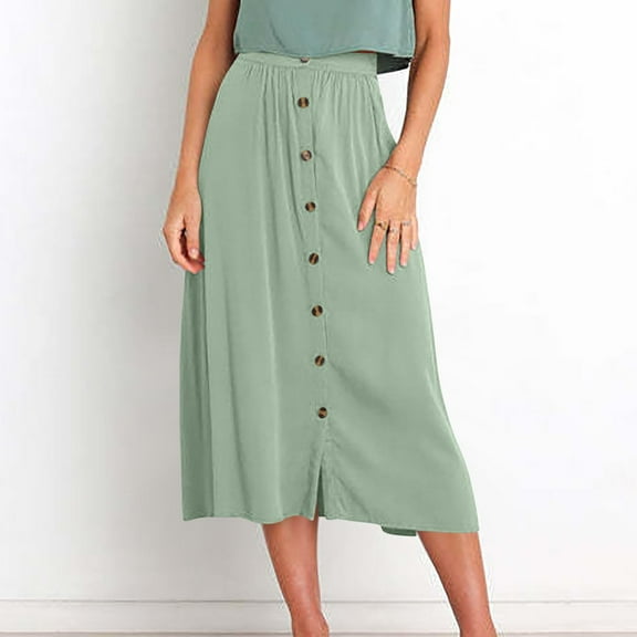 Womens Pleated Midi Skirt with Button Front Pockets Elastic Waist Solid Color Summer Casual Daywear Comfort Fit Lightweight