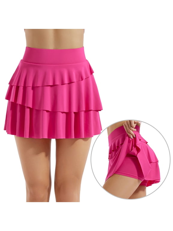 Womens Pleated Mini Skirt High Waist Yoga Skirts with Shorts Pocket Ruffle Tiered Tennis Athletic Golf Skorts Skirt (M, Hot Pink)