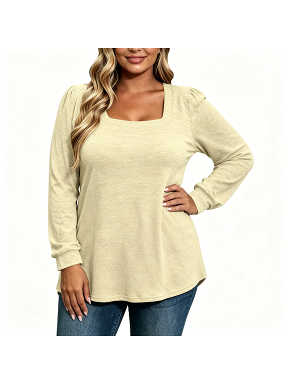 Womens Pleated Plus Size Shirts Casual Trendy Long Sleeve Square Neck Loose Fit Fall Tops Blouse Beige 2XL