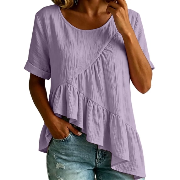 Womens Pleated Short Sleeve Babydoll Shirts Casual Asymmetrical Layered Hem Crewneck Tee Lightweight Plain Cotton T-shirts