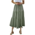 thumbnail image 1 of Womens Pleated Skirt Summer Casual Button Solid Midi Length Skirt Elastic Waist Tiered Ruched Skirts, 1 of 8