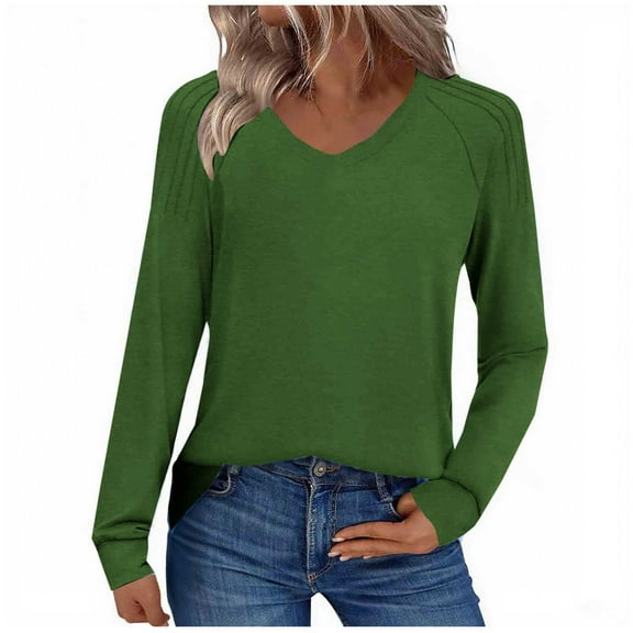 Womens Pleated T-Shirts, Long Sleeve Shirts for Women Fall Fashion Loose Fit Solid Color V Neck Dressy Blouses