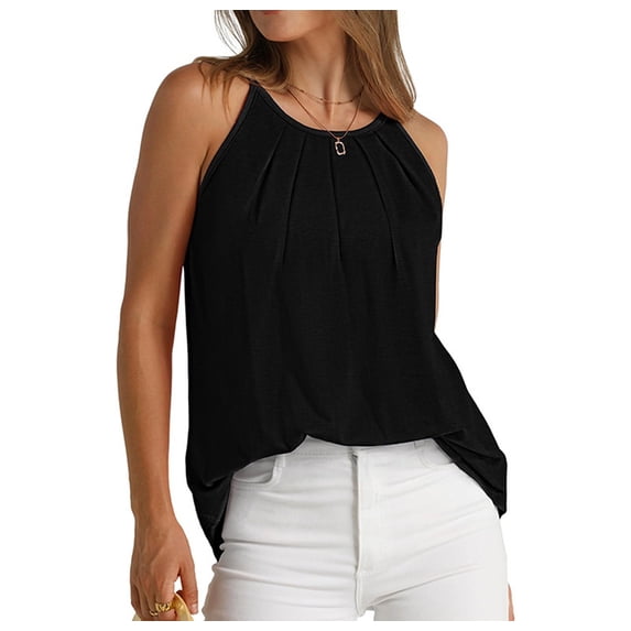 Womens Pleated Tank Tops Spaghetti Strap Camisole Halter Tops Curved Hem Fashion 2025 Black M