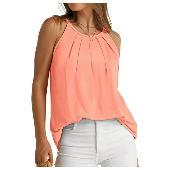 Womens Pleated Tank Tops Spaghetti Strap Camisole Halter Tops Curved Hem Fashion 2025 Coral XL