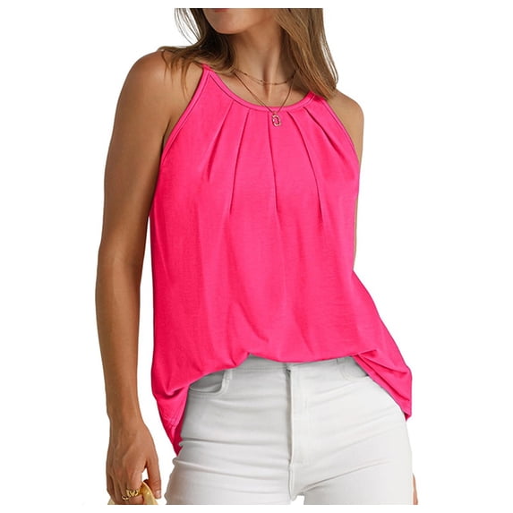 Womens Pleated Tank Tops Spaghetti Strap Camisole Halter Tops Curved Hem Fashion 2025 Rose Red XXL