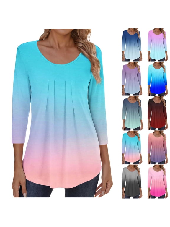 Womens Pleated Tunic Tops Fall Fashion Ombre Tie Dye Flowy Swing Crewneck 3/4 Sleeve Shirts